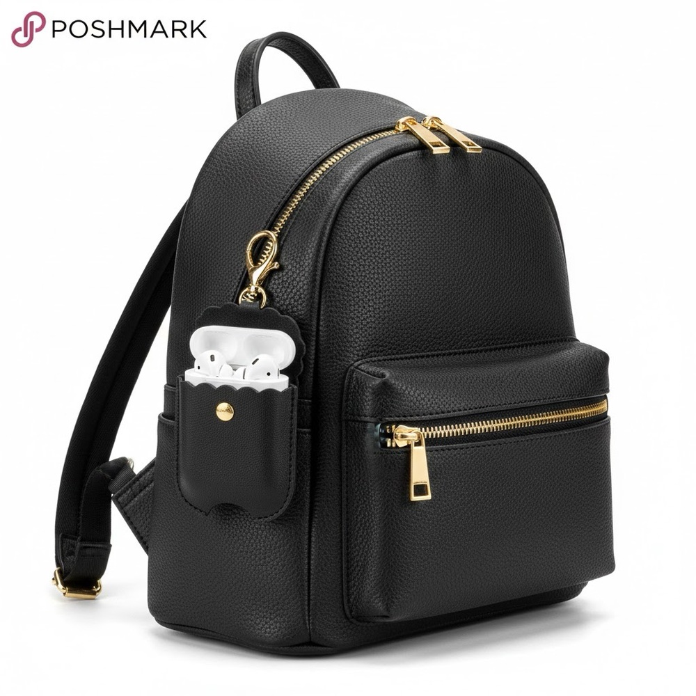 Black Faux Leather AirPods Headphones Gold Keychain Pouch Bag Charm